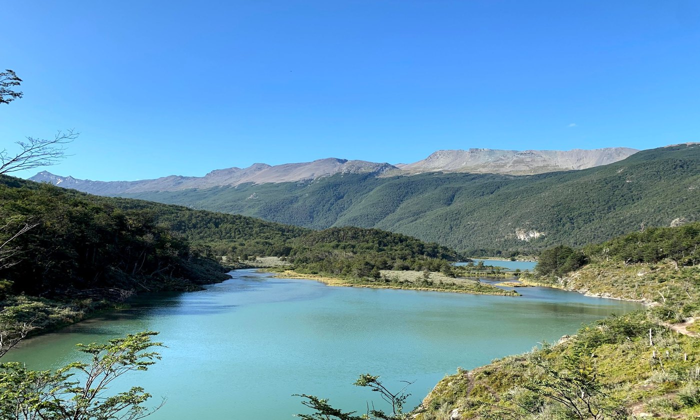 Laguna Verde en el Parque Nacional Tierra del Fuego en un día de cielo despejado, con el agua turquesa, el bosque y las montañas sin nubes al fondo